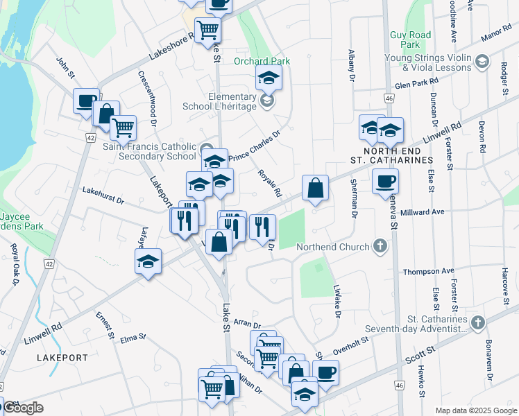 map of restaurants, bars, coffee shops, grocery stores, and more near 177 Linwell Road in Saint Catharines