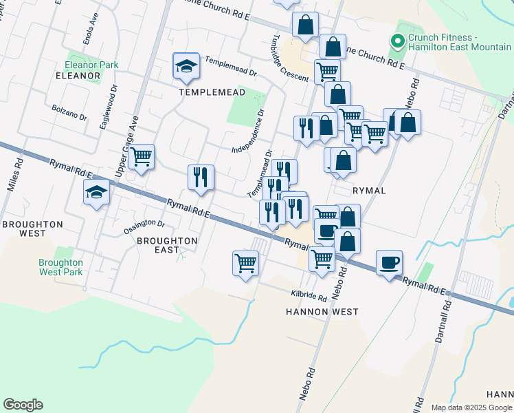 map of restaurants, bars, coffee shops, grocery stores, and more near 32 Everest Street in Hamilton