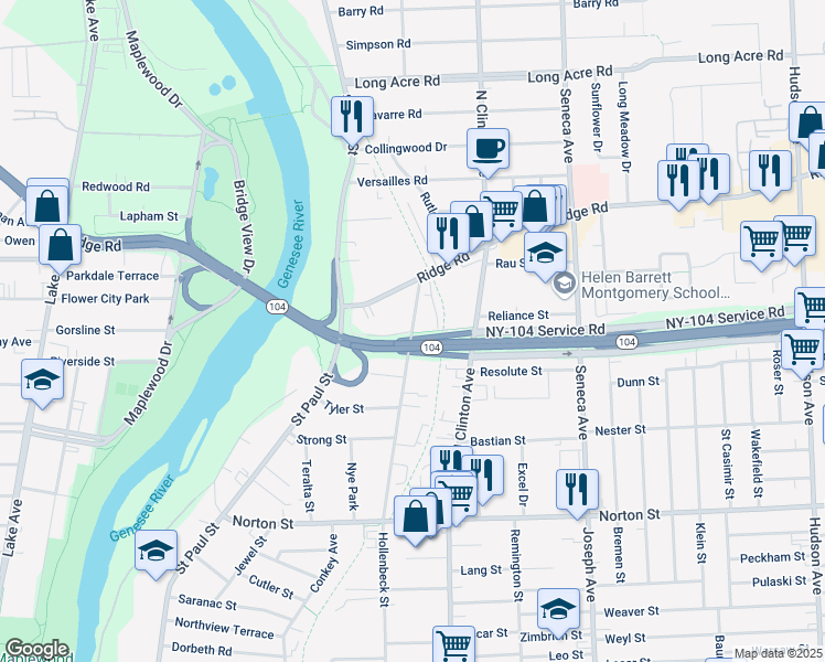 map of restaurants, bars, coffee shops, grocery stores, and more near Hollenbeck Street & Keeler Street in Rochester