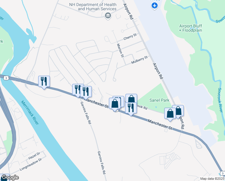 map of restaurants, bars, coffee shops, grocery stores, and more near 65 Mulberry Street in Concord