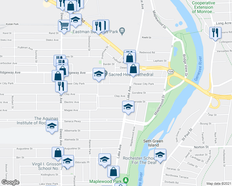 map of restaurants, bars, coffee shops, grocery stores, and more near 229 Flower City Park in Rochester
