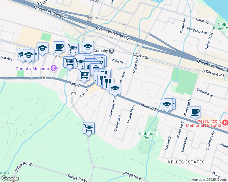 map of restaurants, bars, coffee shops, grocery stores, and more near 7 Robinson Street North in Grimsby