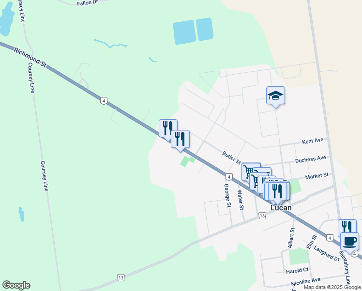 map of restaurants, bars, coffee shops, grocery stores, and more near 280 Main Street in Lucan