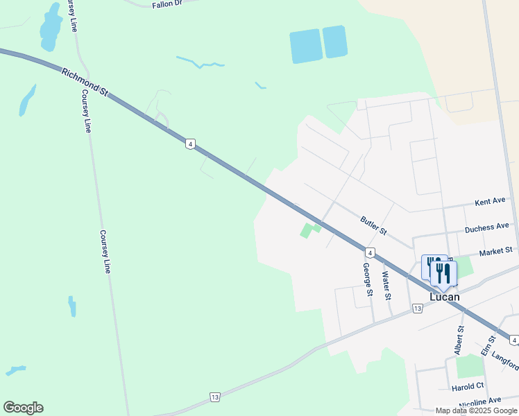 map of restaurants, bars, coffee shops, grocery stores, and more near 280 Main Street in Lucan