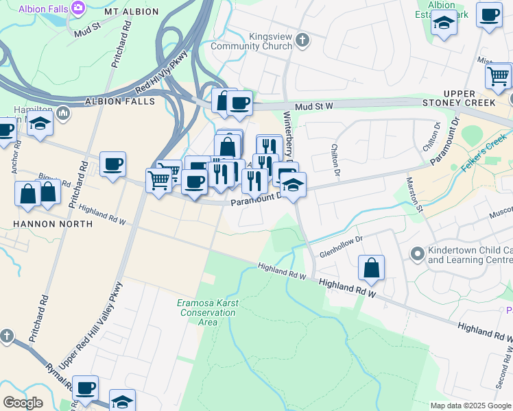 map of restaurants, bars, coffee shops, grocery stores, and more near 800 Paramount Drive in Hamilton