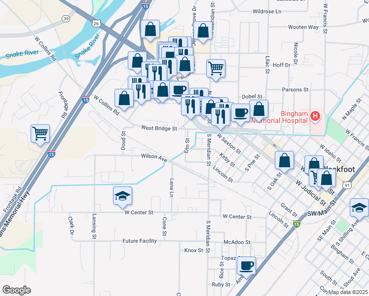 map of restaurants, bars, coffee shops, grocery stores, and more near 1030 West Bridge Street in Blackfoot