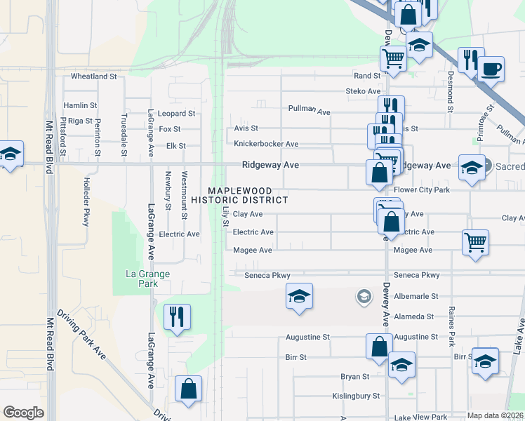 map of restaurants, bars, coffee shops, grocery stores, and more near 765 Flower City Park in Rochester