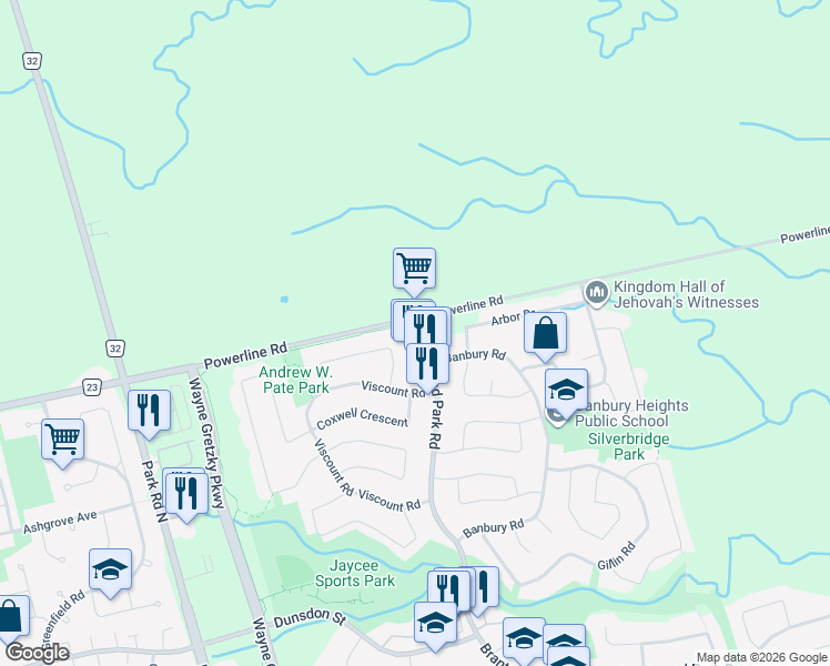 map of restaurants, bars, coffee shops, grocery stores, and more near 251 Powerline Road in Brantford