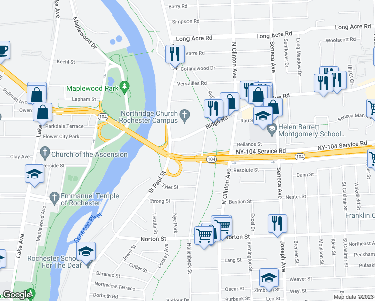 map of restaurants, bars, coffee shops, grocery stores, and more near 38 Keeler Street in Rochester