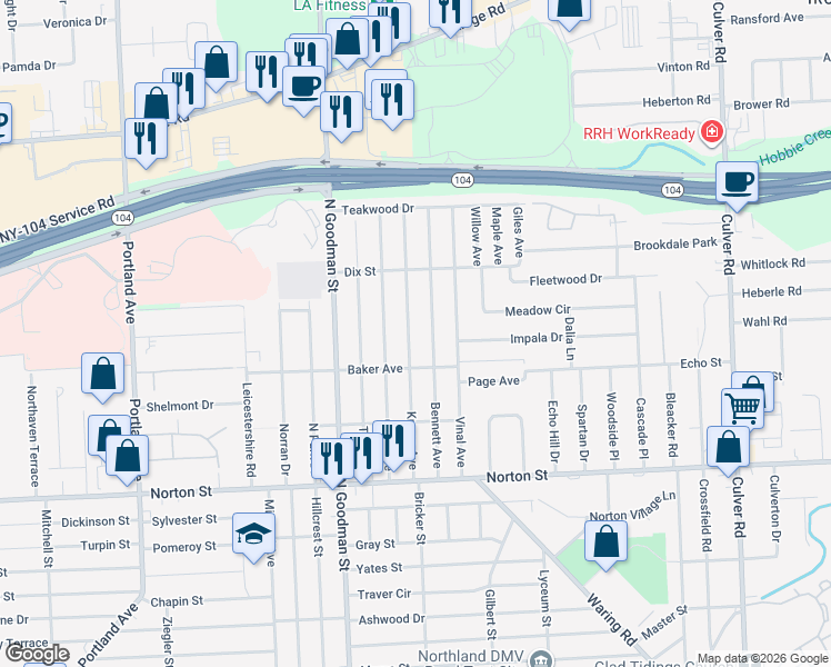 map of restaurants, bars, coffee shops, grocery stores, and more near 233 Knapp Avenue in Rochester