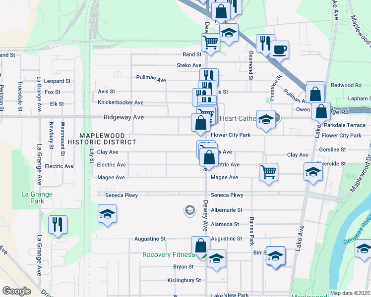 map of restaurants, bars, coffee shops, grocery stores, and more near 386 Clay Avenue in Rochester