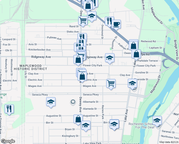 map of restaurants, bars, coffee shops, grocery stores, and more near 266 Clay Avenue in Rochester