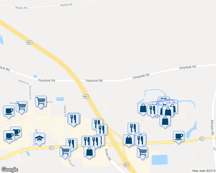 map of restaurants, bars, coffee shops, grocery stores, and more near 4068 Verplank Rd in Clay