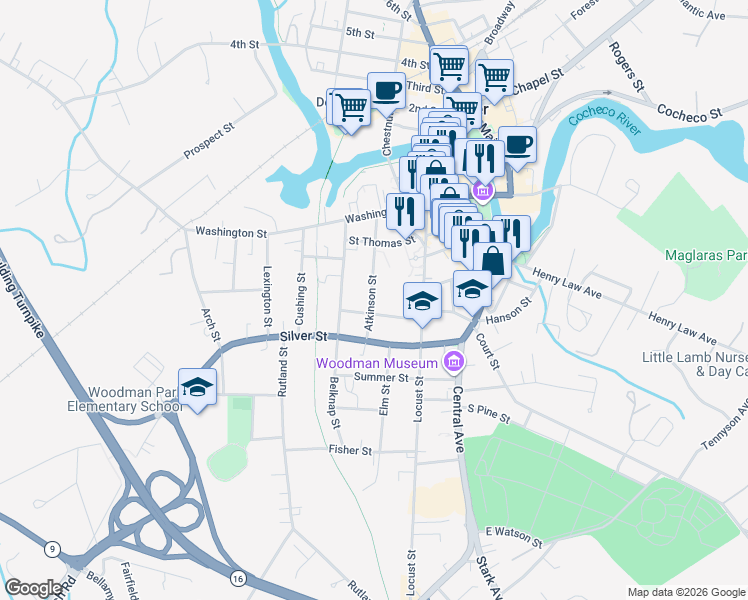 map of restaurants, bars, coffee shops, grocery stores, and more near 58 Atkinson Street in Dover