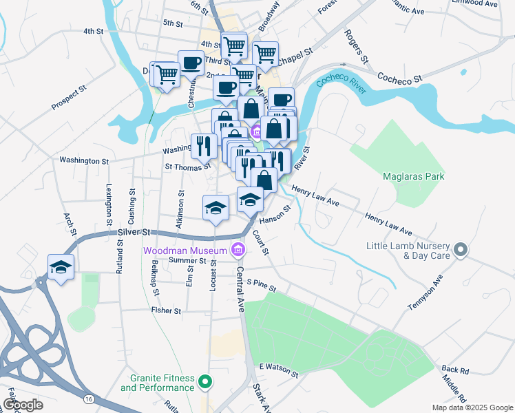 map of restaurants, bars, coffee shops, grocery stores, and more near 250 Central Avenue in Dover