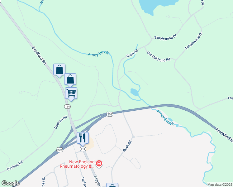 map of restaurants, bars, coffee shops, grocery stores, and more near 577 Rush Road in Henniker