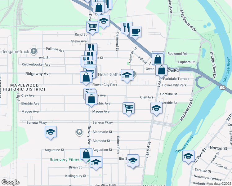 map of restaurants, bars, coffee shops, grocery stores, and more near 391 Flower City Park in Rochester