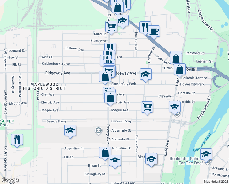 map of restaurants, bars, coffee shops, grocery stores, and more near 1400 Dewey Avenue in Rochester