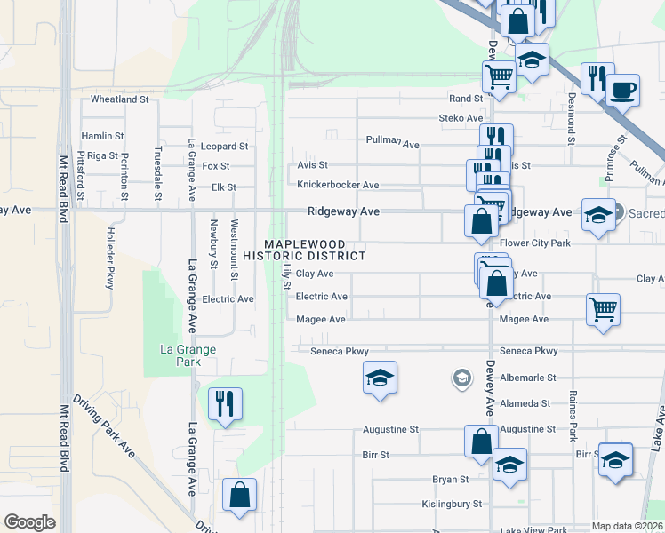 map of restaurants, bars, coffee shops, grocery stores, and more near 765 Flower City Park in Rochester
