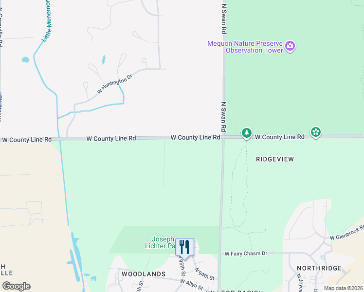 map of restaurants, bars, coffee shops, grocery stores, and more near 9335 West County Line Road in Milwaukee