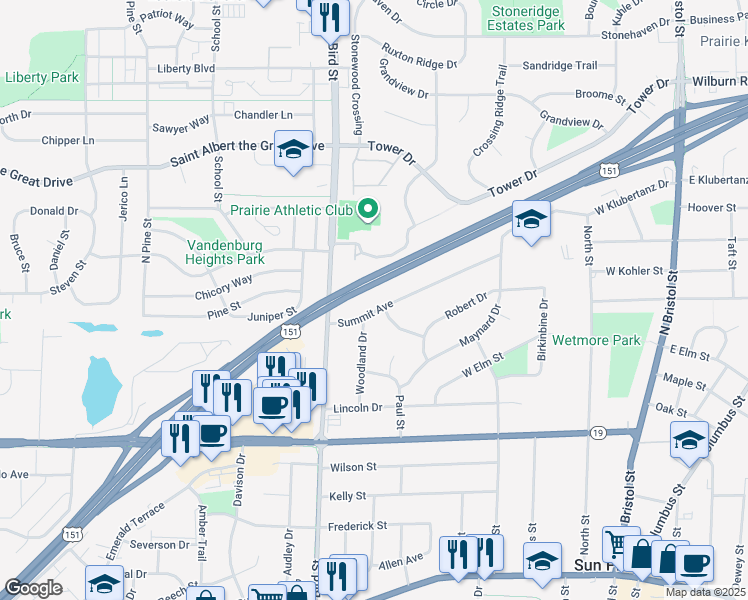 map of restaurants, bars, coffee shops, grocery stores, and more near 681 Athletic Way in Sun Prairie