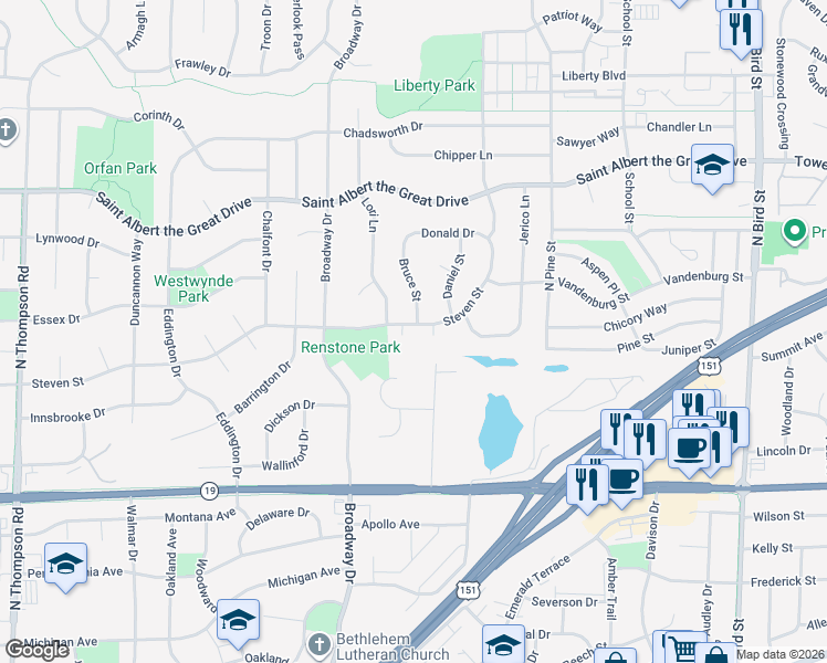 map of restaurants, bars, coffee shops, grocery stores, and more near 1500 Steven Street in Sun Prairie