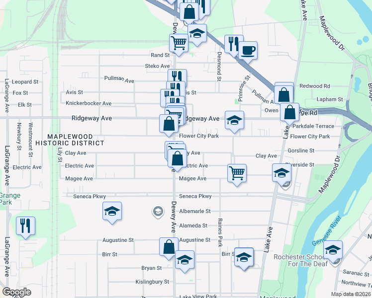 map of restaurants, bars, coffee shops, grocery stores, and more near 1400 Dewey Avenue in Rochester