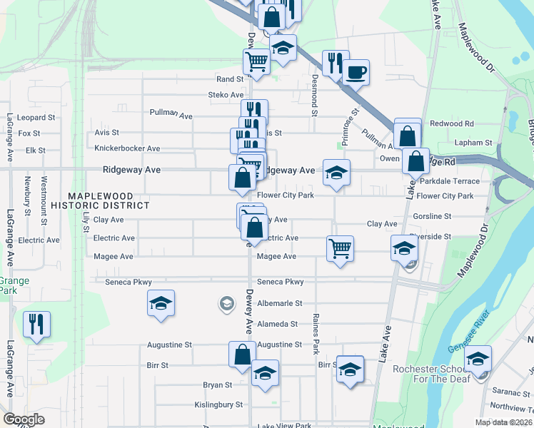 map of restaurants, bars, coffee shops, grocery stores, and more near 286 Clay Avenue in Rochester
