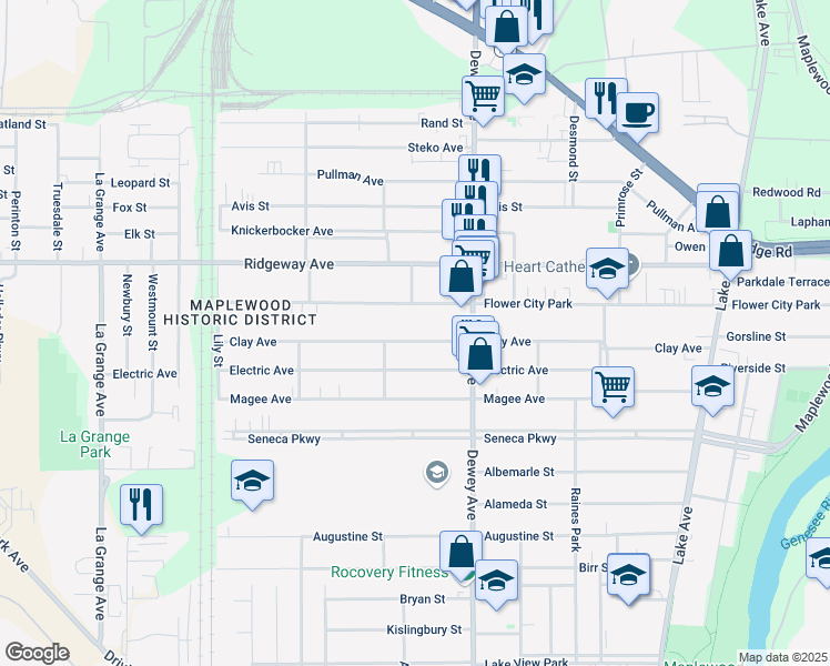 map of restaurants, bars, coffee shops, grocery stores, and more near 601 Flower City Park in Rochester