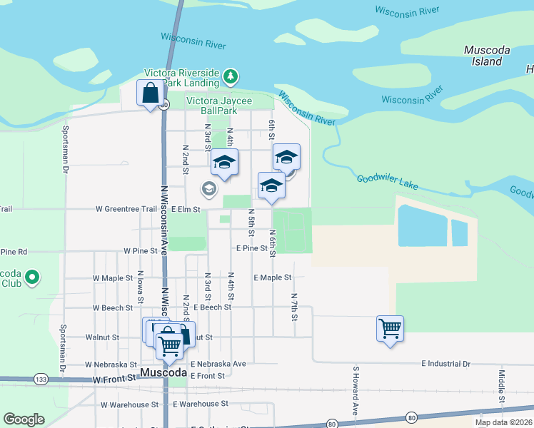 map of restaurants, bars, coffee shops, grocery stores, and more near 808 North 5th Street in Muscoda