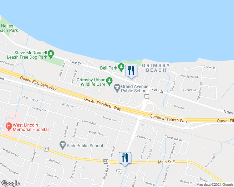 map of restaurants, bars, coffee shops, grocery stores, and more near 14 Grand Avenue in Grimsby