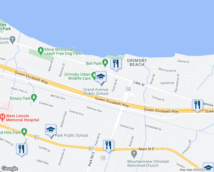 map of restaurants, bars, coffee shops, grocery stores, and more near 11 Grand Avenue in Grimsby