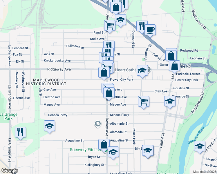 map of restaurants, bars, coffee shops, grocery stores, and more near 1382 Dewey Avenue in Rochester