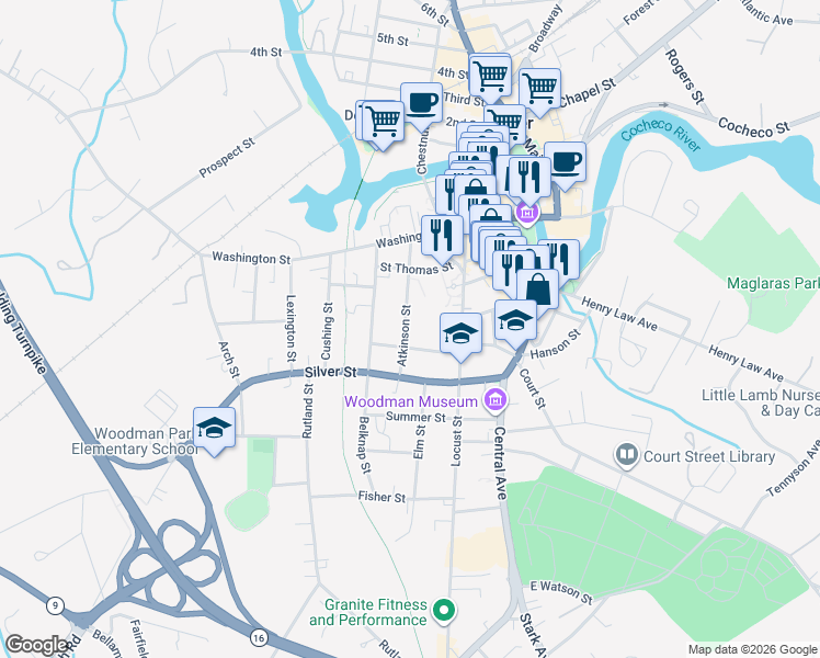 map of restaurants, bars, coffee shops, grocery stores, and more near 43 Atkinson Street in Dover