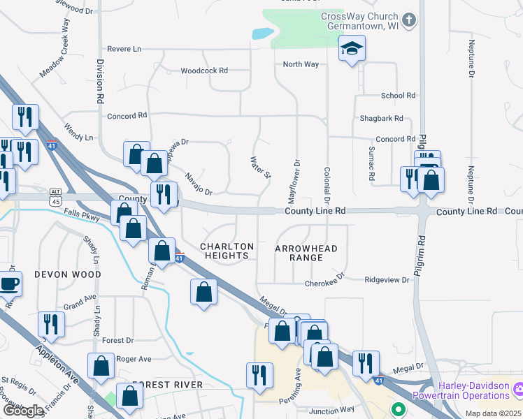 map of restaurants, bars, coffee shops, grocery stores, and more near County Line Road in Germantown