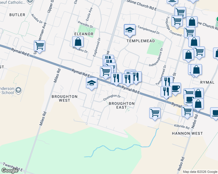 map of restaurants, bars, coffee shops, grocery stores, and more near 905 Rymal Road East in Hamilton