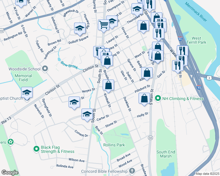 map of restaurants, bars, coffee shops, grocery stores, and more near 36 Broadway in Concord