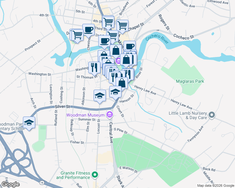 map of restaurants, bars, coffee shops, grocery stores, and more near 250 Central Avenue in Dover
