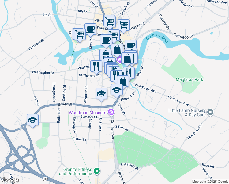 map of restaurants, bars, coffee shops, grocery stores, and more near 250 Central Avenue in Dover