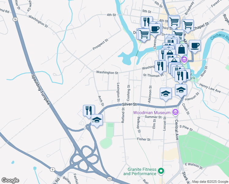 map of restaurants, bars, coffee shops, grocery stores, and more near 21 Lexington Street in Dover