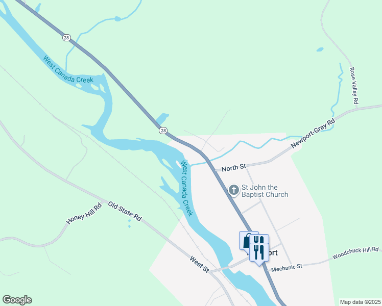 map of restaurants, bars, coffee shops, grocery stores, and more near 7597 Main Street in Newport