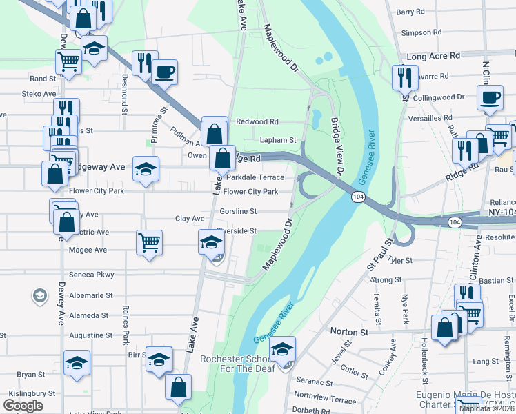 map of restaurants, bars, coffee shops, grocery stores, and more near 73 Flower City Park in Rochester