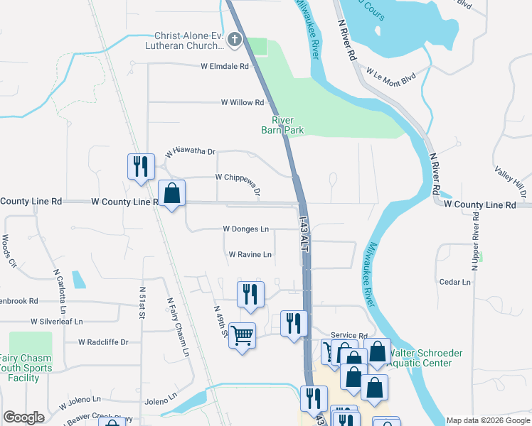 map of restaurants, bars, coffee shops, grocery stores, and more near 4567 Service Road in Brown Deer