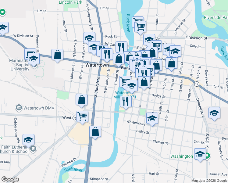 map of restaurants, bars, coffee shops, grocery stores, and more near 211 South Water Street in Watertown