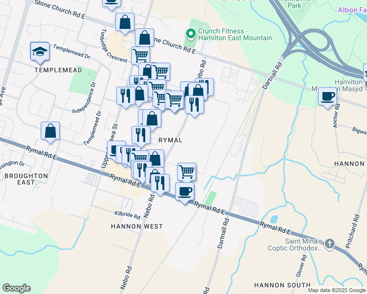 map of restaurants, bars, coffee shops, grocery stores, and more near 225 Nebo Road in Hamilton