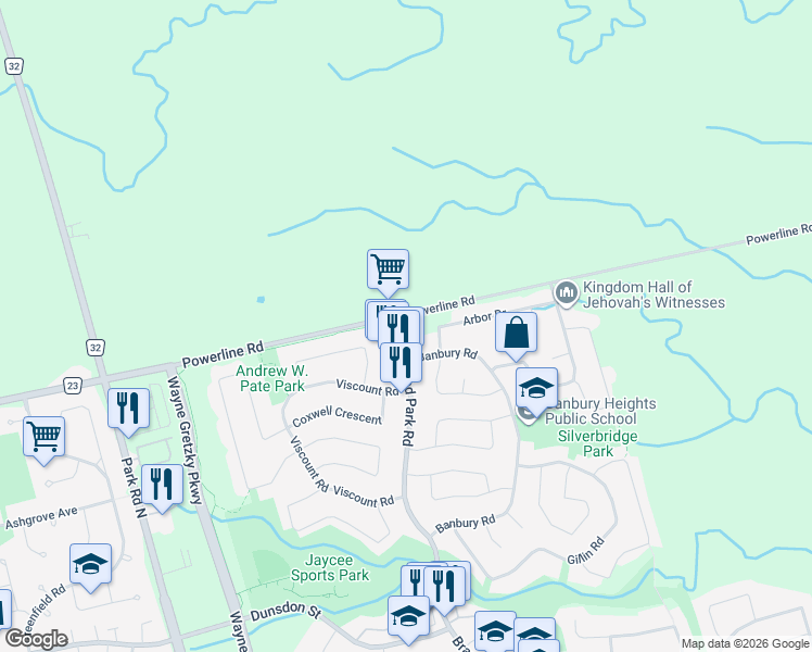 map of restaurants, bars, coffee shops, grocery stores, and more near 1c Brantwood Park Road in Brantford
