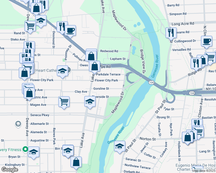 map of restaurants, bars, coffee shops, grocery stores, and more near 88 Gorsline Street in Rochester