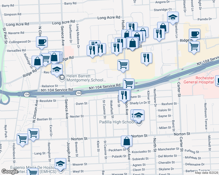 map of restaurants, bars, coffee shops, grocery stores, and more near 5 New York 104 in Rochester