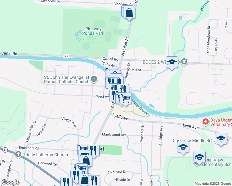 map of restaurants, bars, coffee shops, grocery stores, and more near 122 South Union Street in Spencerport