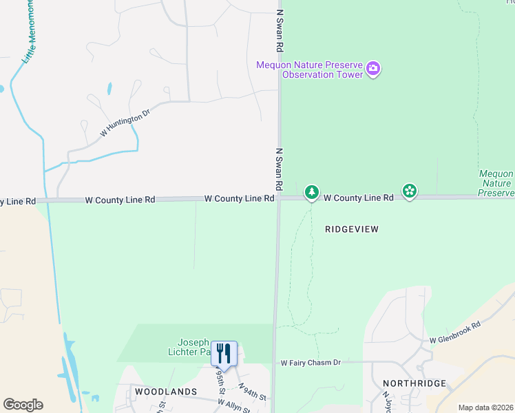 map of restaurants, bars, coffee shops, grocery stores, and more near 9101 West County Line Road in Milwaukee